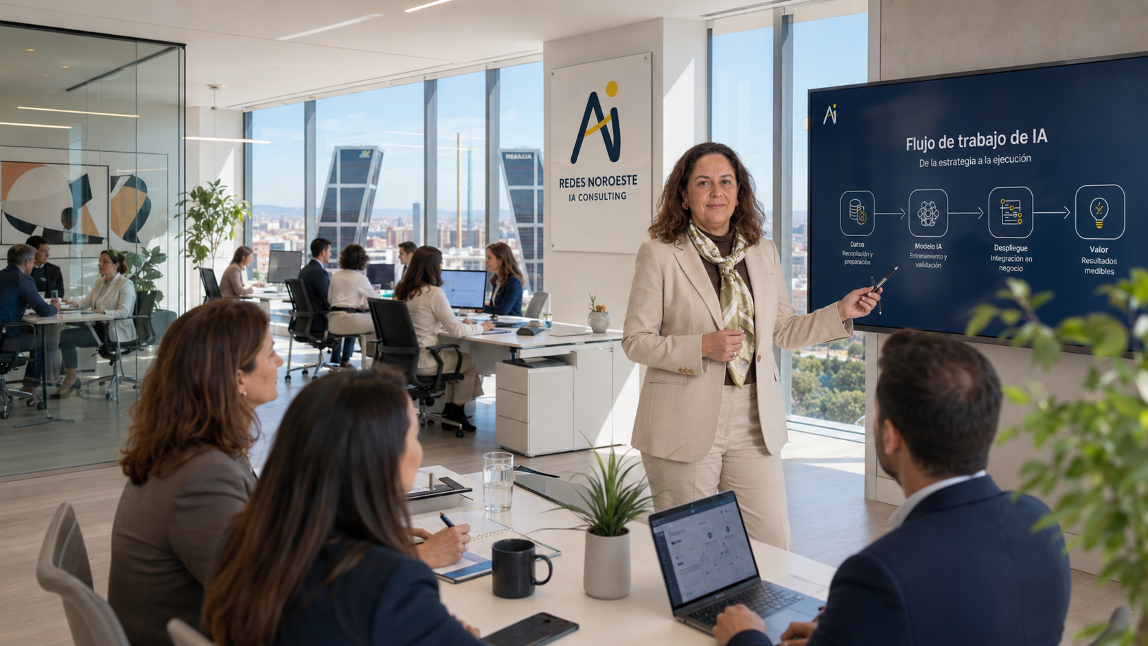 Equipo ejecutivo en una sesión de transformación con inteligencia artificial